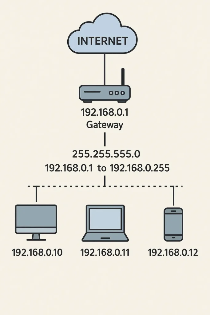 Diagrama educativo mostrando computador, notebook e celular com IPs diferentes conectados a um roteador gateway 192.168.0.1, ligado à nuvem da Internet, com faixa de rede 192.168.0.1 a 192.168.0.255 e máscara 255.255.255.0.