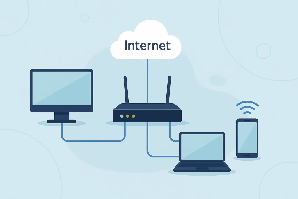 Ilustração moderna mostrando notebook, desktop e smartphone conectados a um roteador central ligado à nuvem da Internet, representando o conceito de redes de computadores e conexão digital.