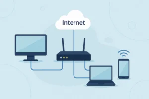 Ilustração moderna mostrando notebook, desktop e smartphone conectados a um roteador central ligado à nuvem da Internet, representando o conceito de redes de computadores e conexão digital.