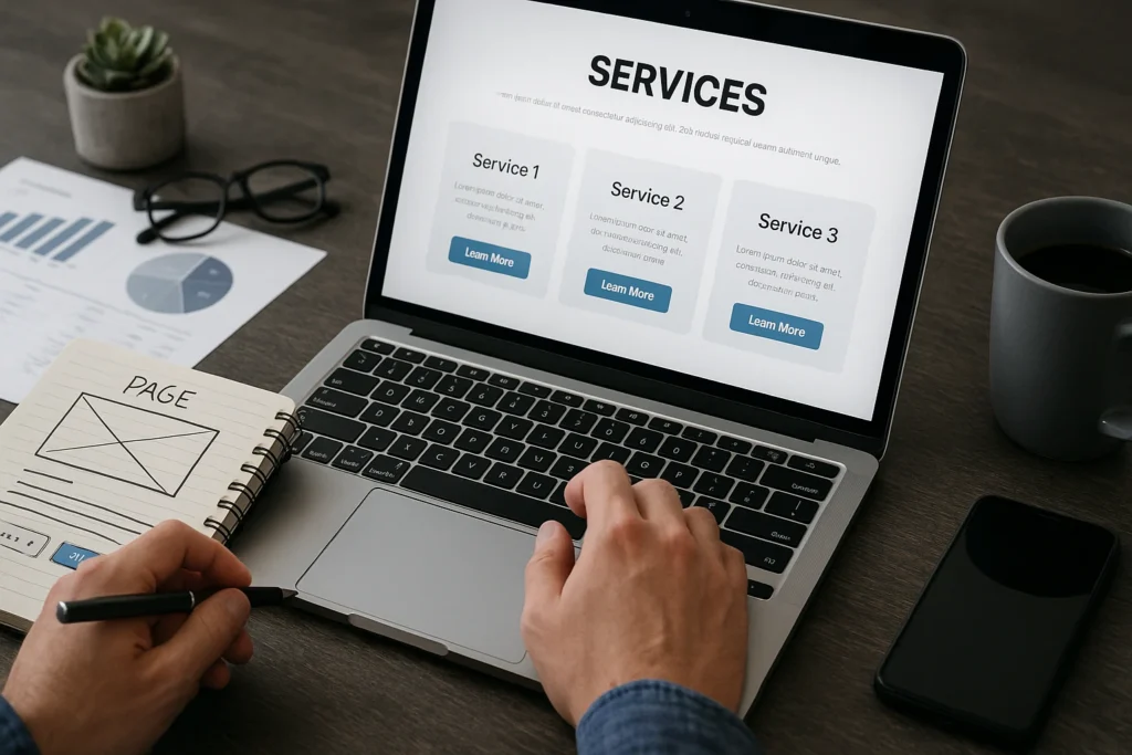 Profissional trabalhando em um notebook enquanto planeja o layout de uma página de serviços, com wireframe desenhado em bloco de notas e elementos de design exibidos na tela, representando o processo de criação de páginas que convertem.