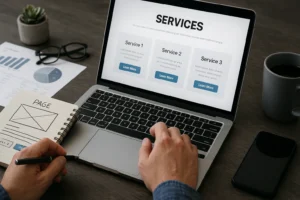 Profissional trabalhando em um notebook enquanto planeja o layout de uma página de serviços, com wireframe desenhado em bloco de notas e elementos de design exibidos na tela, representando o processo de criação de páginas que convertem.