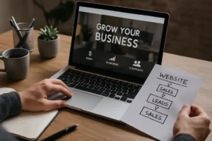 Profissional usando um notebook para analisar estratégias de crescimento enquanto segura um fluxograma que mostra o site gerando vendas e leads, representando a transformação do site no principal vendedor da empresa.