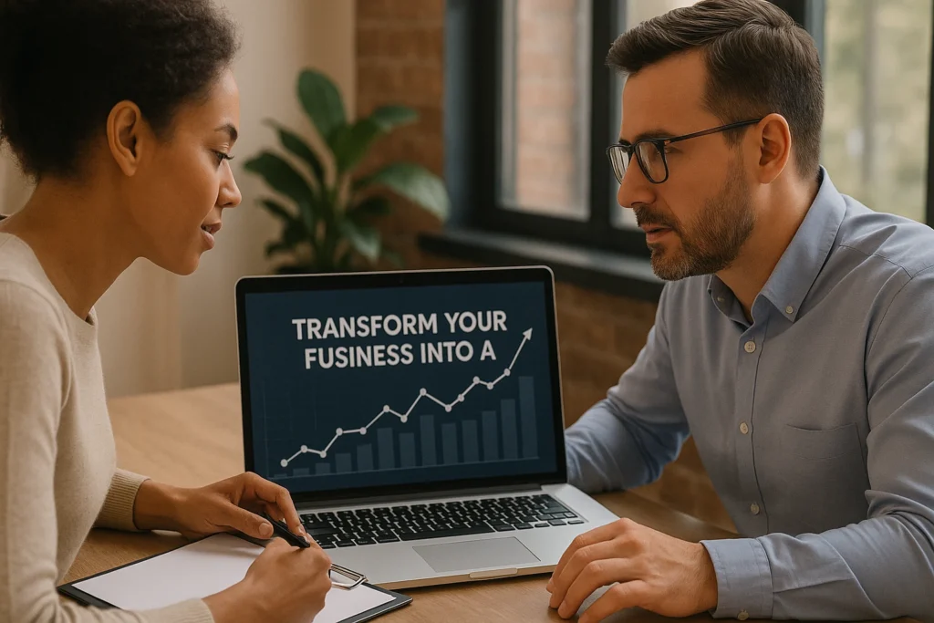 Dois profissionais analisando dados de desempenho digital em um laptop enquanto discutem estratégias para destacar um site em nichos competitivos, em um escritório iluminado.