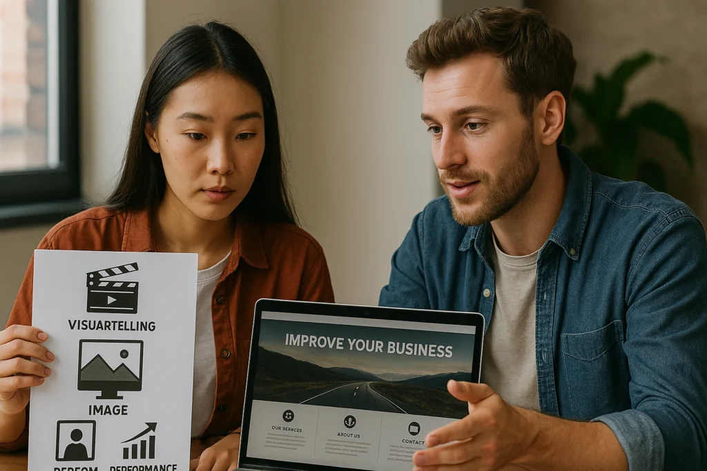 Dois profissionais analisando elementos de narrativa visual enquanto avaliam o layout de um site em um laptop, discutindo como imagens e storytelling impactam o desempenho digital.