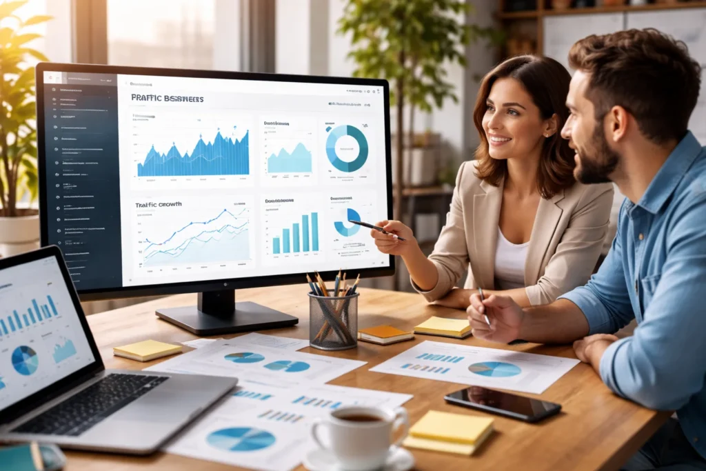 Equipe analisando métricas e gráficos de desempenho digital em um ambiente profissional, representando estratégia, planejamento e tomada de decisão baseada em dados.