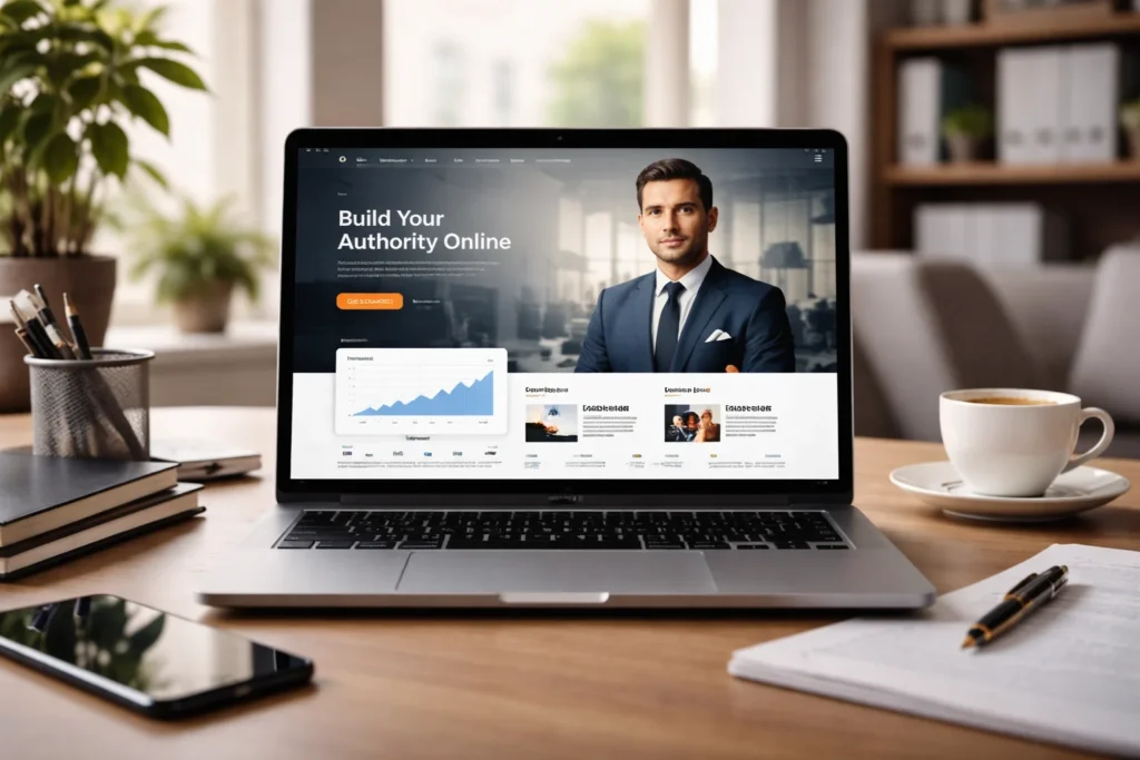 Notebook exibindo um site profissional com design moderno, layout organizado e elementos visuais que transmitem credibilidade e autoridade digital desde o primeiro acesso.