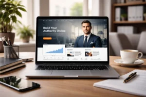 Notebook exibindo um site profissional com design moderno, layout organizado e elementos visuais que transmitem credibilidade e autoridade digital desde o primeiro acesso.