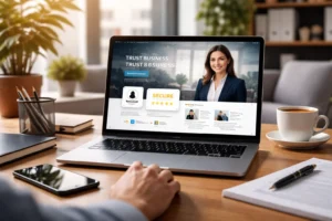 Notebook exibindo um site profissional com design moderno e organizado, transmitindo segurança, credibilidade e confiança ao usuário em ambiente de trabalho.