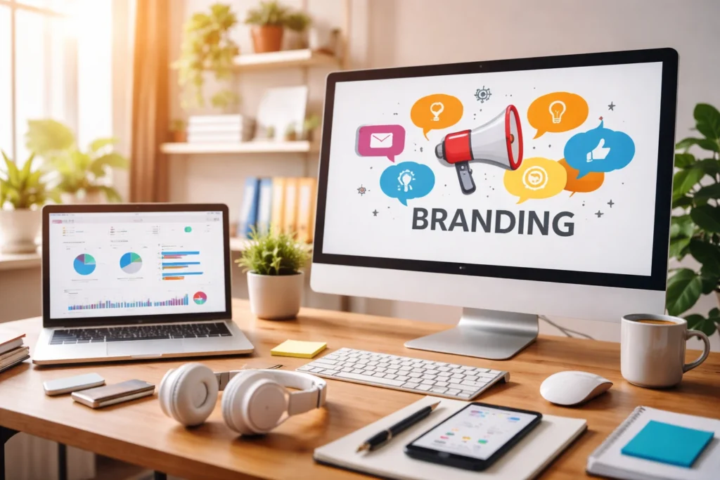 Ambiente de trabalho digital com computador exibindo elementos de branding e comunicação, representando a adaptação do tom de voz da marca no ambiente digital.