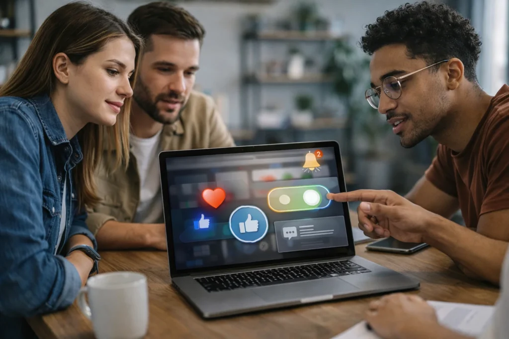 Profissionais analisando interface digital com microinterações em notebook, demonstrando como pequenas animações melhoram a navegação e a experiência do usuário.