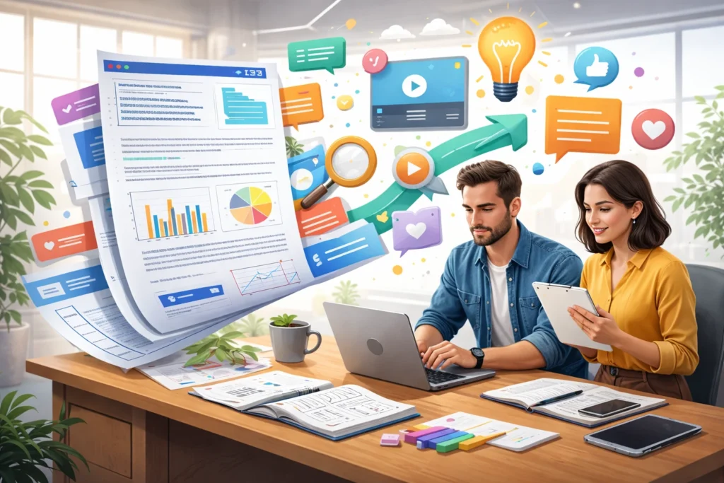 Profissionais trabalhando em escritório moderno transformando documentos técnicos com gráficos e dados em conteúdo digital mais visual e atraente no notebook.