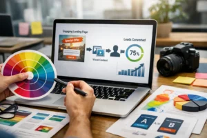 Profissional analisando landing page em notebook com gráficos, cores e elementos visuais estratégicos focados na conversão de leads