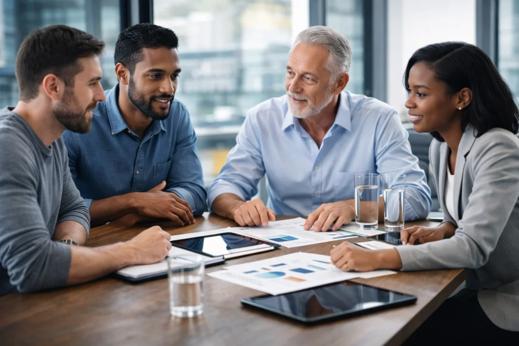 Equipe diversa de profissionais reunida em mesa de reunião moderna, analisando documentos e estratégias digitais em ambiente corporativo iluminado.