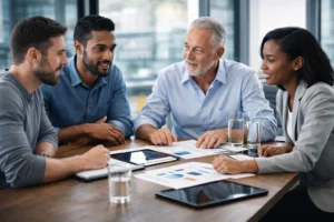 Equipe diversa de profissionais reunida em mesa de reunião moderna, analisando documentos e estratégias digitais em ambiente corporativo iluminado.