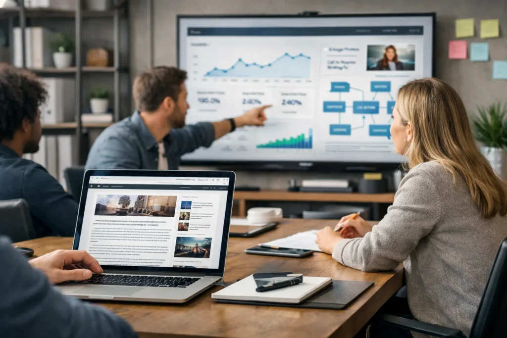 Estratégia de conteúdo digital com equipe analisando dados e usuário lendo artigo em site profissional, representando engajamento e permanência no site.