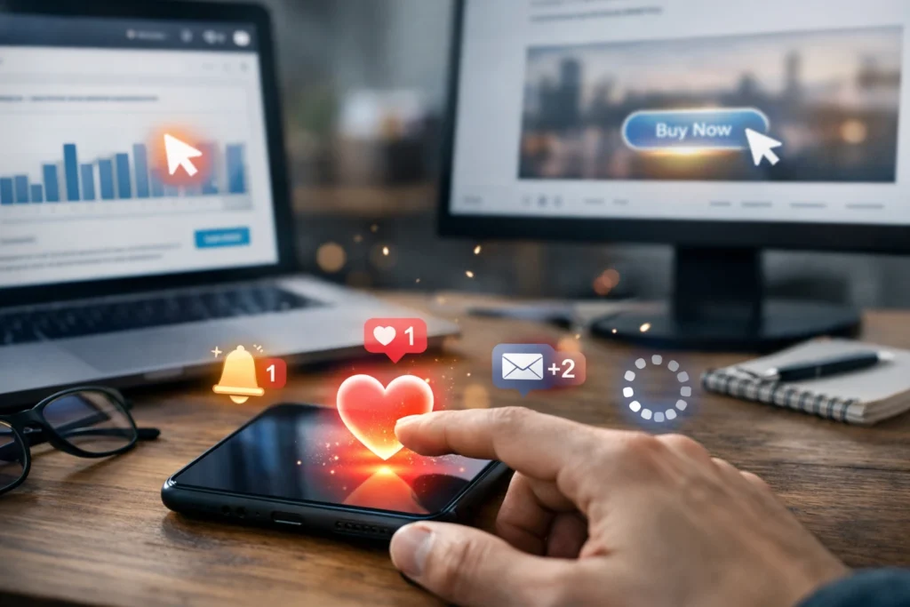 Pessoa interagindo com smartphone enquanto ícones animados de curtida, notificação e carregamento aparecem na tela, representando o impacto das animações sutis no engajamento digital em interfaces modernas.