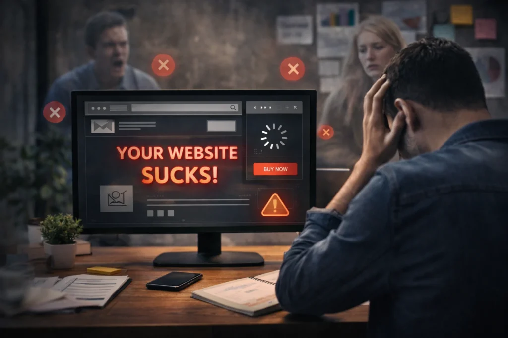 Empresário preocupado em frente ao computador exibindo site com erros, lentidão e alertas, simbolizando como problemas de usabilidade podem afastar clientes sem perceber.