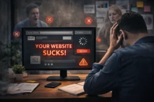 Empresário preocupado em frente ao computador exibindo site com erros, lentidão e alertas, simbolizando como problemas de usabilidade podem afastar clientes sem perceber.