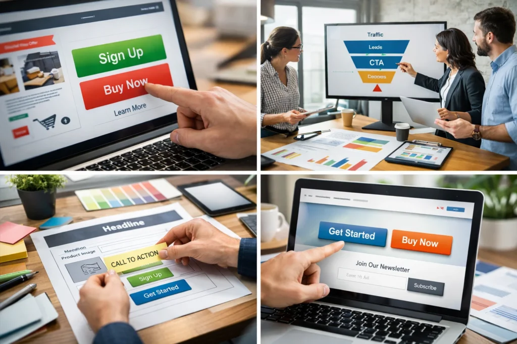 Interface de site com botões de call to action destacados enquanto profissionais analisam estratégias de conversão e design de UX em ambiente de marketing digital.