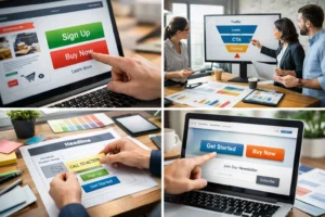 Interface de site com botões de call to action destacados enquanto profissionais analisam estratégias de conversão e design de UX em ambiente de marketing digital.