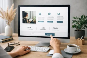 Design limpo em site exibido em monitor moderno, com layout minimalista, boa hierarquia visual e botão de chamada para ação destacado, representando aumento de leitura e conversão.