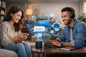 Design conversacional aplicado em ambiente digital com pessoas interagindo com assistente virtual em smartphone e laptop, representando experiência do usuário otimizada