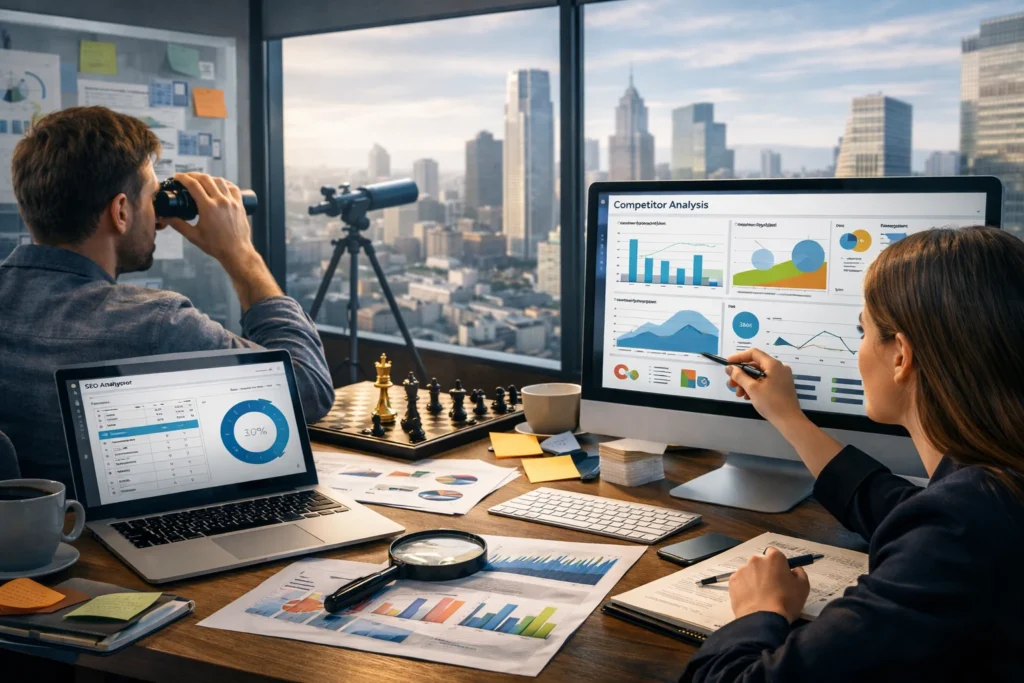 Profissionais analisando concorrentes em ambiente corporativo com dashboards de SEO e dados estratégicos em tela, representando planejamento digital baseado em análise competitiva.