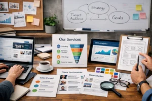 Planejamento estratégico de website com wireframe de páginas de serviços, análise de SEO e materiais de marketing organizados em mesa de trabalho profissional.