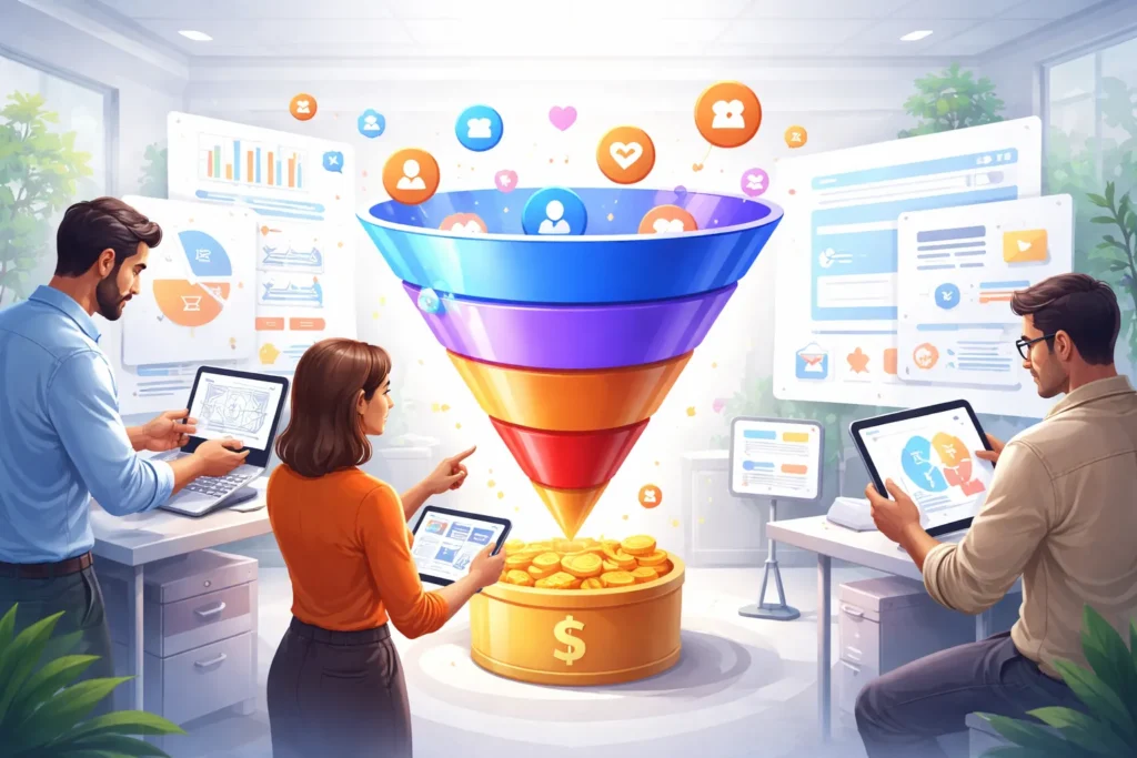 Design de interface sendo ajustado por equipe enquanto analisam funil de conversão digital com dashboards, representando otimização de UX e aumento de resultados online.