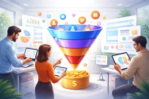 Design de interface sendo ajustado por equipe enquanto analisam funil de conversão digital com dashboards, representando otimização de UX e aumento de resultados online.