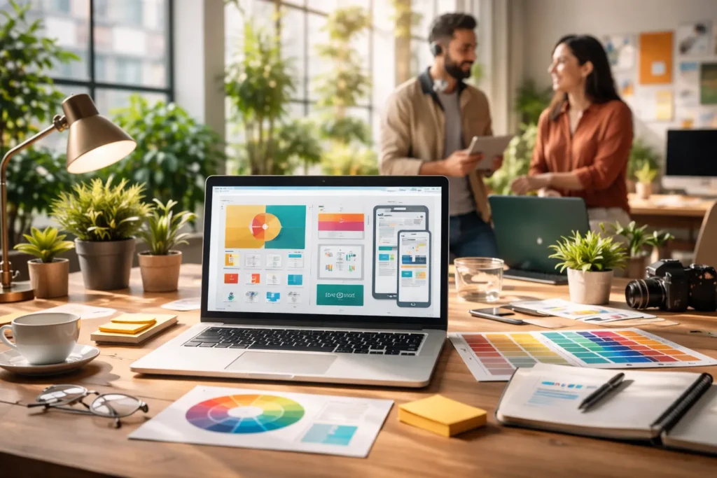 Site sendo desenvolvido com identidade visual alinhada à marca, mostrando cores, layout e elementos de design que refletem a personalidade da empresa em um ambiente de trabalho moderno.