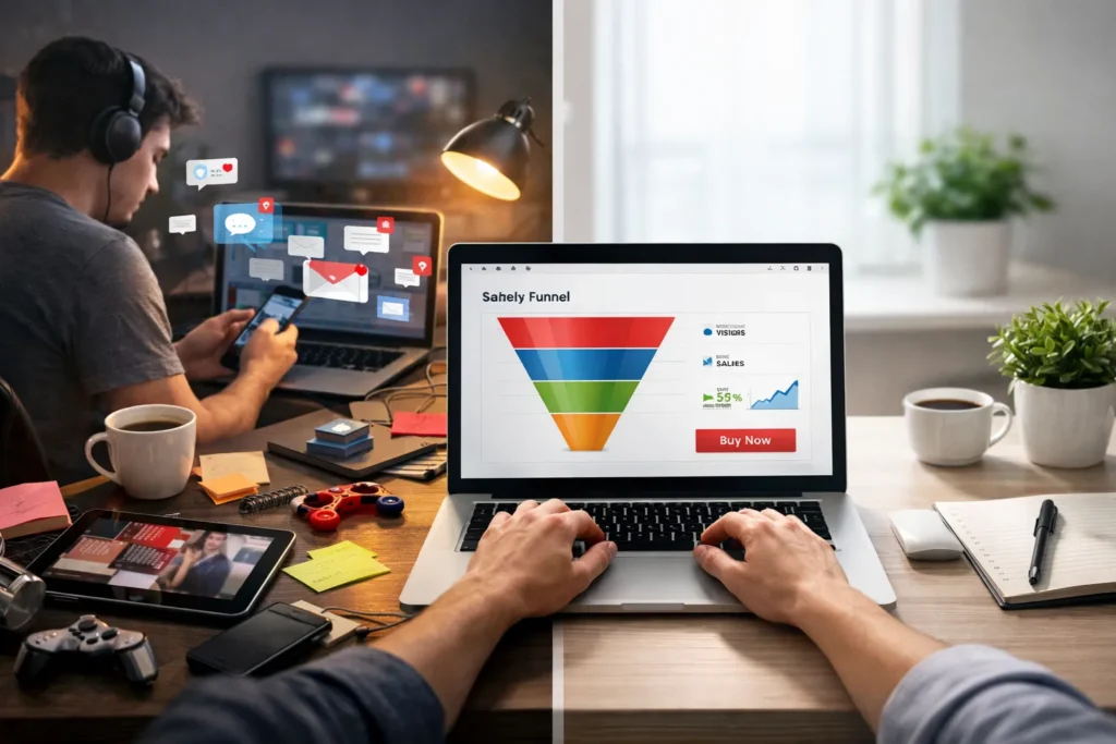 Profissional trabalhando em ambiente digital organizado contrastando com cenário cheio de distrações, representando foco, produtividade e aumento de conversão online