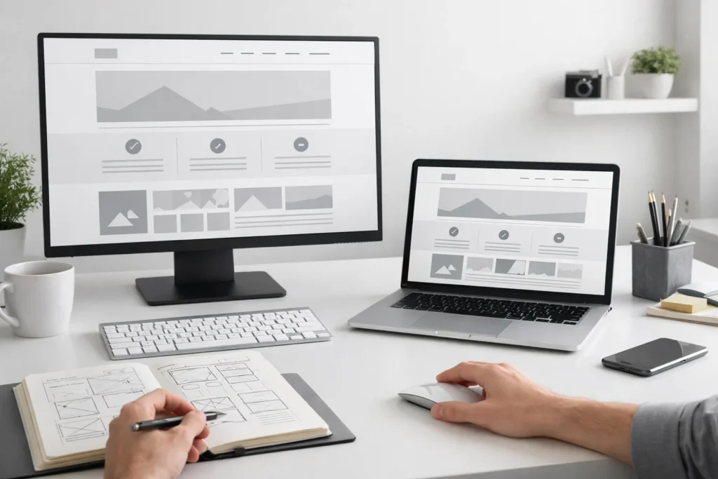 Ambiente de trabalho minimalista com laptop e monitor exibindo layout de site limpo e organizado, representando estrutura visual clara e sem poluição.