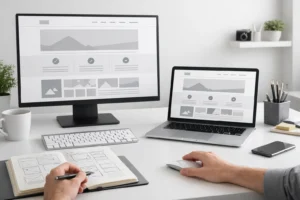 Ambiente de trabalho minimalista com laptop e monitor exibindo layout de site limpo e organizado, representando estrutura visual clara e sem poluição.