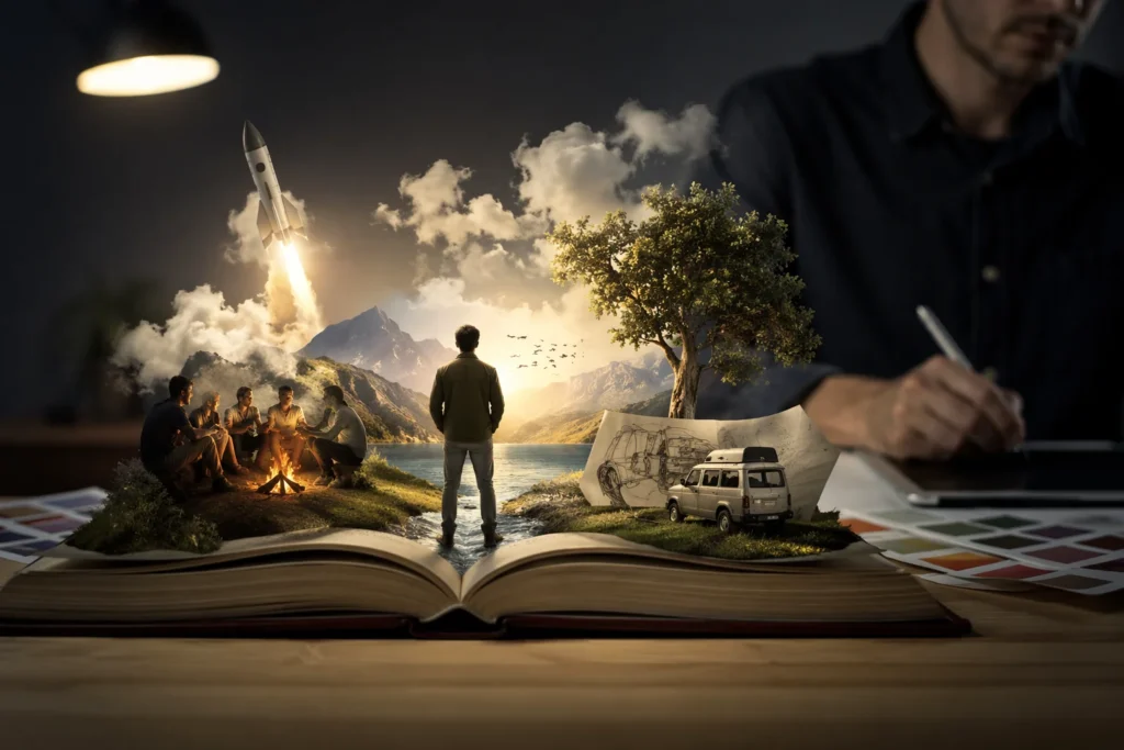 Storytelling aplicado ao branding digital com cena criativa saindo de um livro, representando construção de marca em sites com narrativa visual e estratégia.