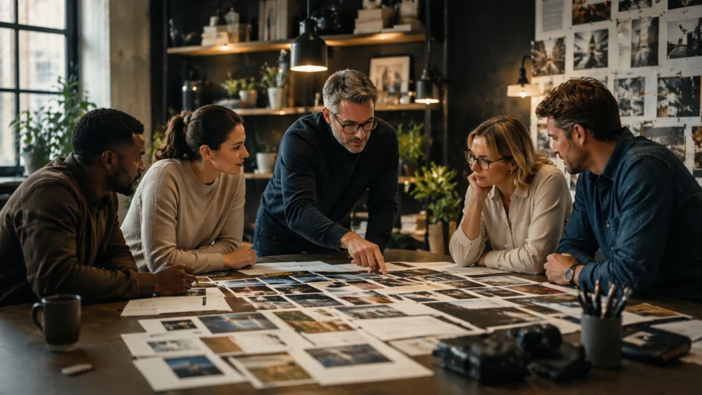 Equipe analisando imagens e materiais visuais em mesa para construir narrativa e identidade visual da empresa em ambiente corporativo moderno.