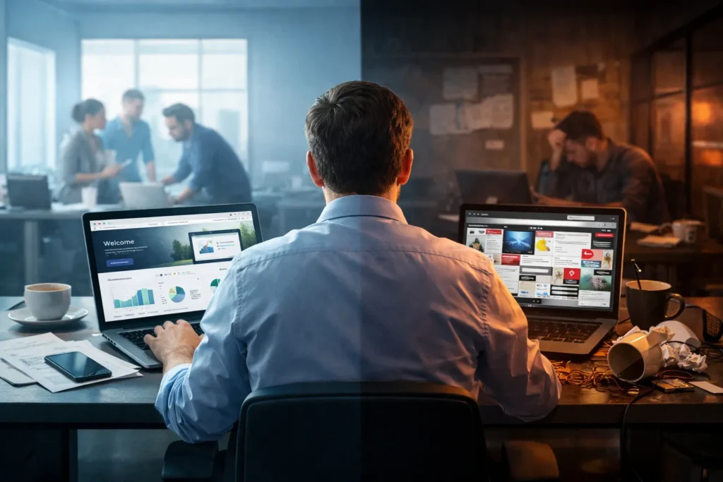 Comparação entre dois cenários de uso de site corporativo, mostrando um ambiente organizado com interface moderna e outro desorganizado com site confuso, representando o impacto do UX na produtividade empresarial