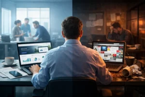 Comparação entre dois cenários de uso de site corporativo, mostrando um ambiente organizado com interface moderna e outro desorganizado com site confuso, representando o impacto do UX na produtividade empresarial