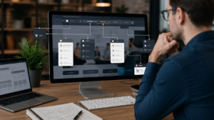 Profissional planejando estrutura de menu de navegação em monitor com fluxos de páginas e organização estratégica focada em conversão e experiência do usuário em site empresarial