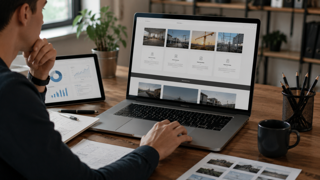 Profissional analisando página interna de serviços em notebook com gráficos e layouts de site focados em otimização SEO e melhoria da experiência do usuário