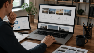 Profissional analisando página interna de serviços em notebook com gráficos e layouts de site focados em otimização SEO e melhoria da experiência do usuário