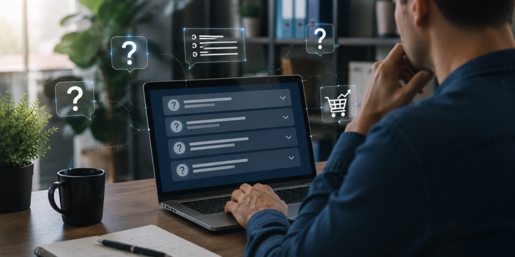 Profissional analisando seção de perguntas frequentes (FAQ) em notebook para melhorar a experiência do usuário, aumentar a confiança e gerar mais conversões no site.