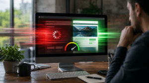 Tela comparando site lento e site rápido com indicador de velocidade, analisada por profissional em escritório moderno focado em otimização de performance web