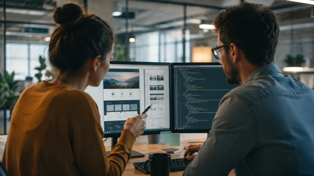 Equipe de marketing e desenvolvimento web colaborando em um projeto digital, analisando layout de site e código em monitores, representando a integração entre estratégia de marketing, experiência do usuário e desenvolvimento para maximizar resultados online.
