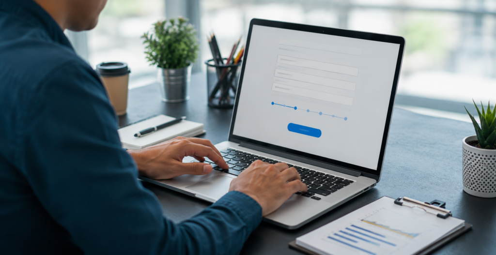 Pessoa preenchendo um formulário otimizado em notebook em ambiente corporativo moderno, representando melhorias na experiência do usuário, redução de desistências e aumento da conversão de leads em sites empresariais.