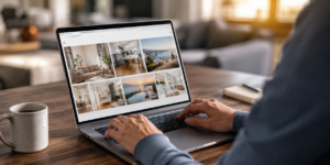 Pessoa navegando em um site com design moderno e imagens envolventes em notebook, representando a criação de páginas que proporcionam experiências digitais memoráveis, fortalecem a conexão com o público e aumentam as conversões.