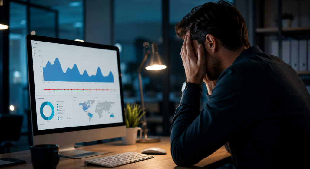 Profissional analisando métricas de desempenho de uma landing page em computador, demonstrando preocupação com alto volume de visitas e baixa taxa de conversão, representando desafios de otimização e geração de vendas online.