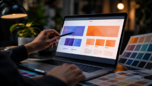 Designer analisando combinação de cores em layout de site exibido em notebook, com amostras de paletas ao redor, representando a influência da psicologia das cores na experiência do usuário e nas conversões online.