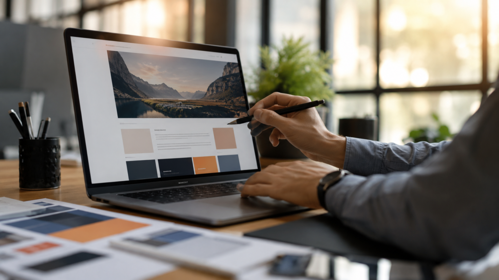 Profissional desenvolvendo o layout de uma página web em notebook, analisando elementos visuais e seções estratégicas de destaque para aumentar o engajamento dos usuários, melhorar a experiência de navegação e elevar as taxas de conversão do site.