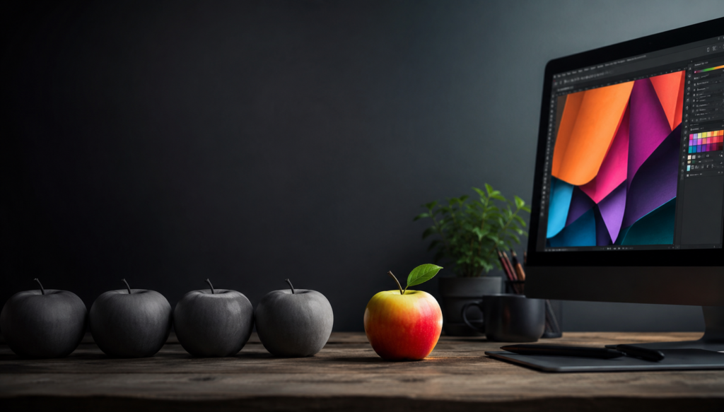 Computador exibindo um projeto de design moderno ao lado de elementos visuais que destacam originalidade e diferenciação, representando como o design estratégico pode fortalecer a identidade da marca, aumentar a credibilidade e destacar uma empresa da concorrência.